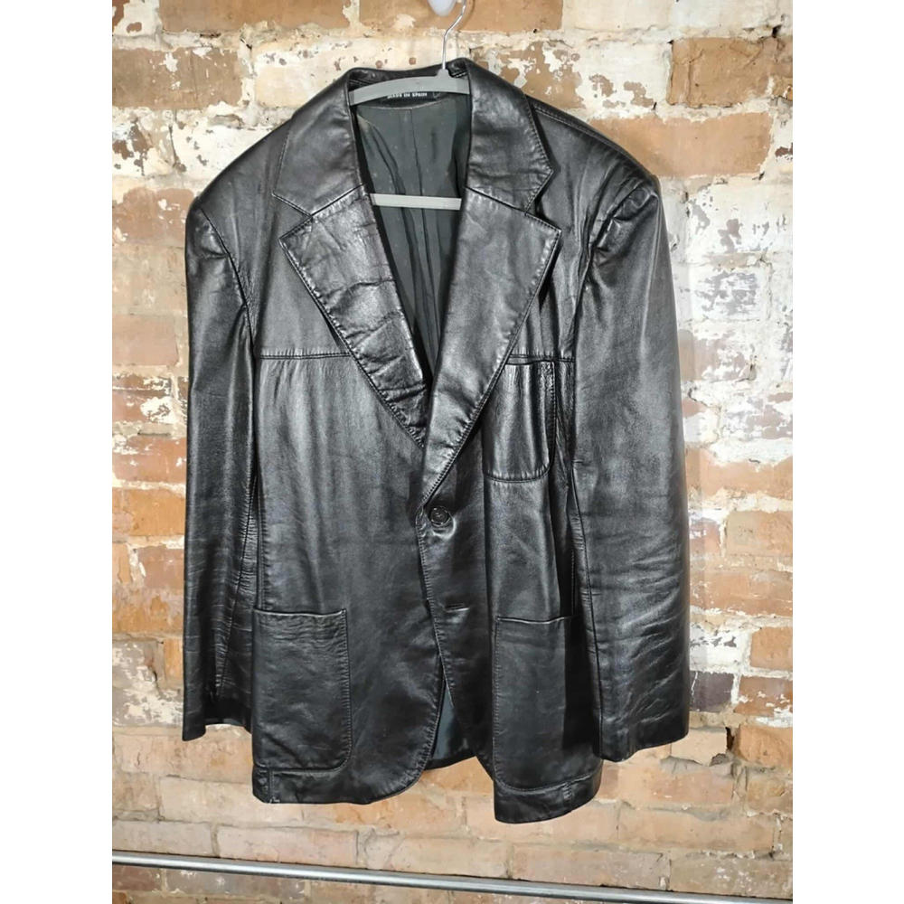 INDUYCO Leather Black VTG 70s jacquet 2 Button Jacket Sz 42 made in Spain.